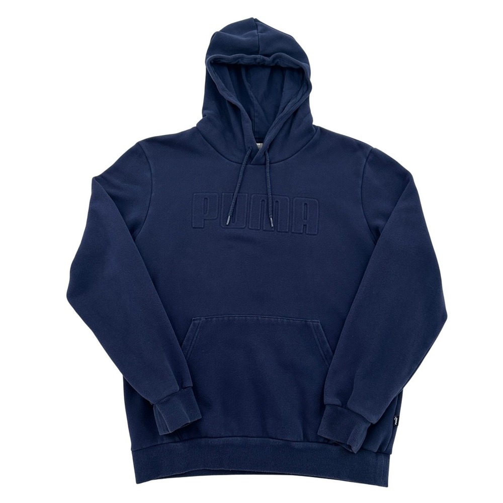 Puma Hoodie Navy Blue Pullover Sweatshirt Embossed Logo Cozy Soft Women Sz S